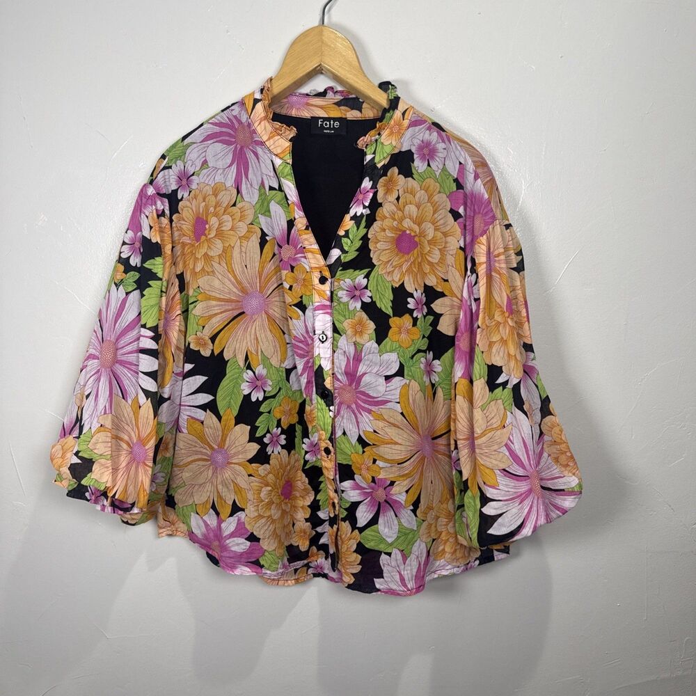 Fate Floral Shirt Size Medium Layered Puff Sleeve Cotton Colorful Bohemian